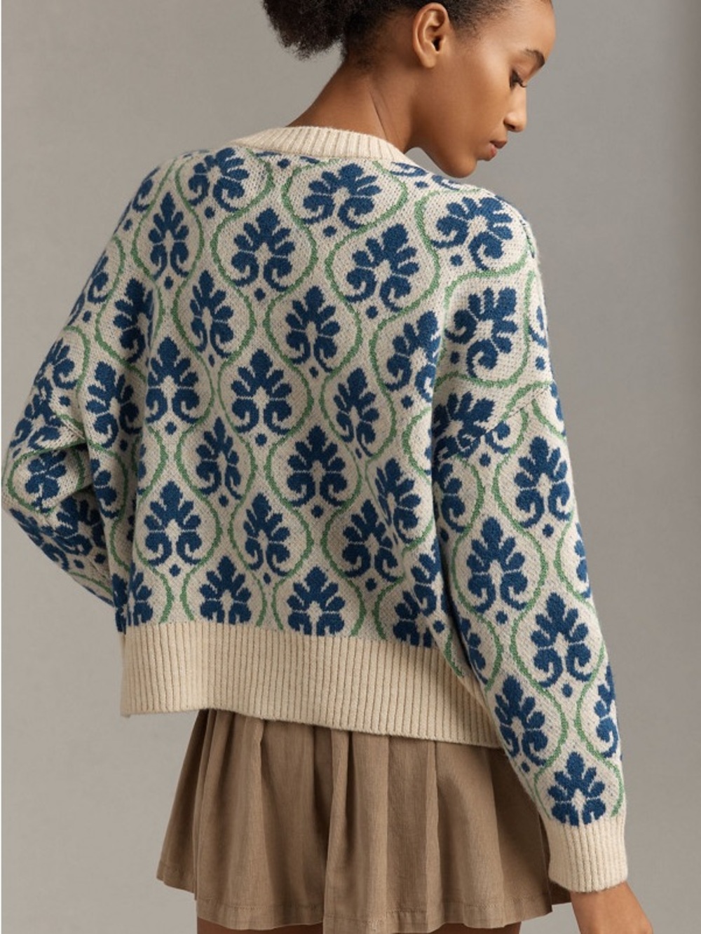 Maeve Cream Cardigan with Blue & Green Floral Motif - Picture 2 of 3